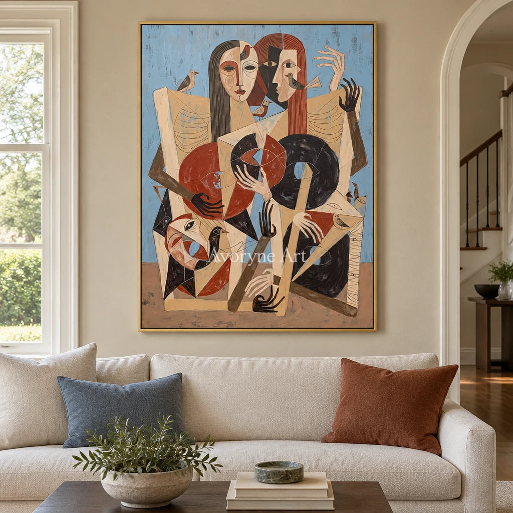 Faint Memory colorful figure wall art with a gold frame hanging in a living room