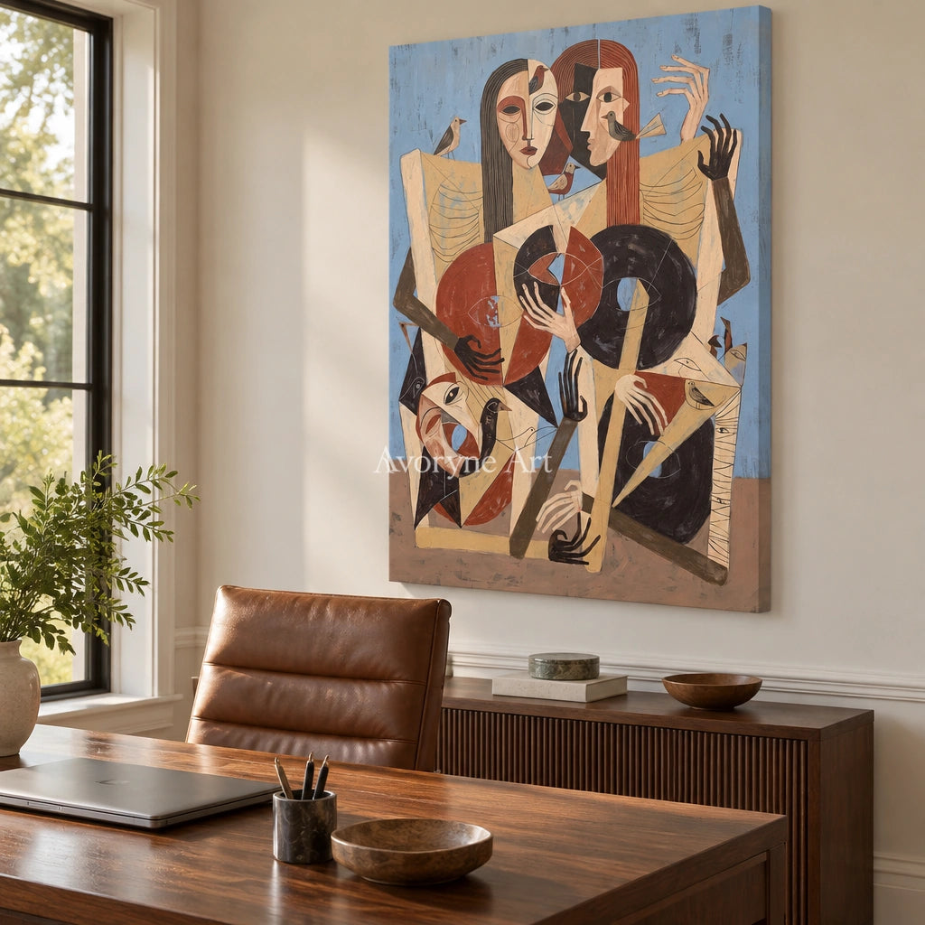 Faint Memory colorful figure wall art as a frameless stretched canvas in a home office