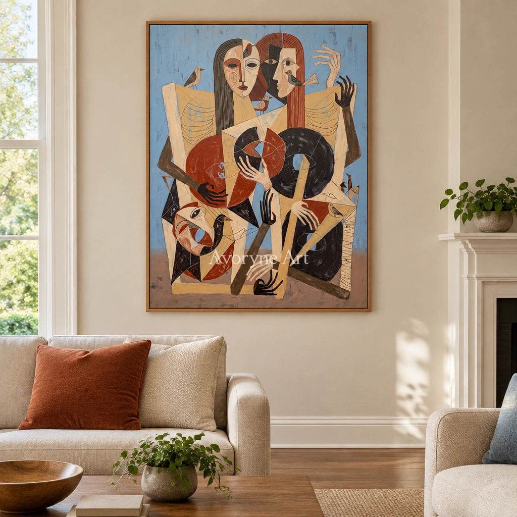 Faint Memory colorful figure wall art with a wood frame in a villa living space