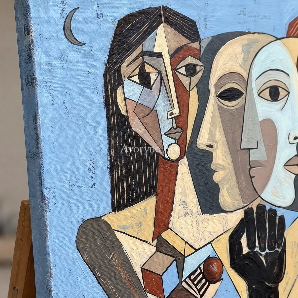 Close-up of the hand-painted texture of Faint Prelude colorful figure wall art on an easel