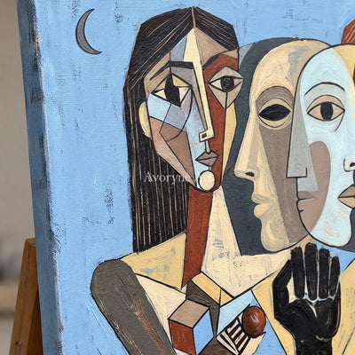 Close-up of the hand-painted texture of Faint Prelude colorful figure wall art on an easel