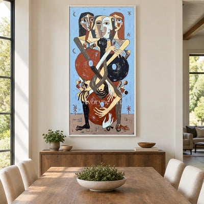 Faint Prelude colorful figure wall art with a white frame in a dining room