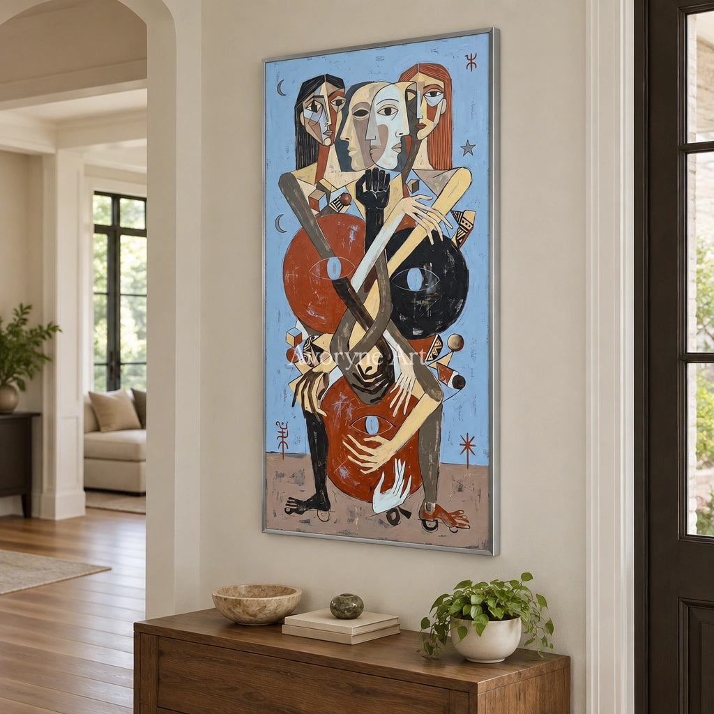 Faint Prelude colorful figure wall art with a silver frame in an entryway