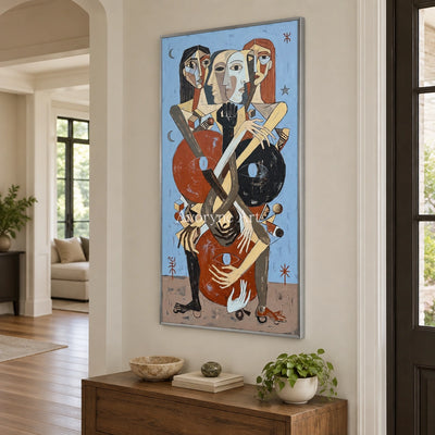 Faint Prelude colorful figure wall art with a silver frame in an entryway