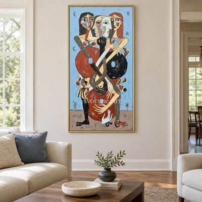 Faint Prelude colorful figure wall art with a gold frame hanging in a living room