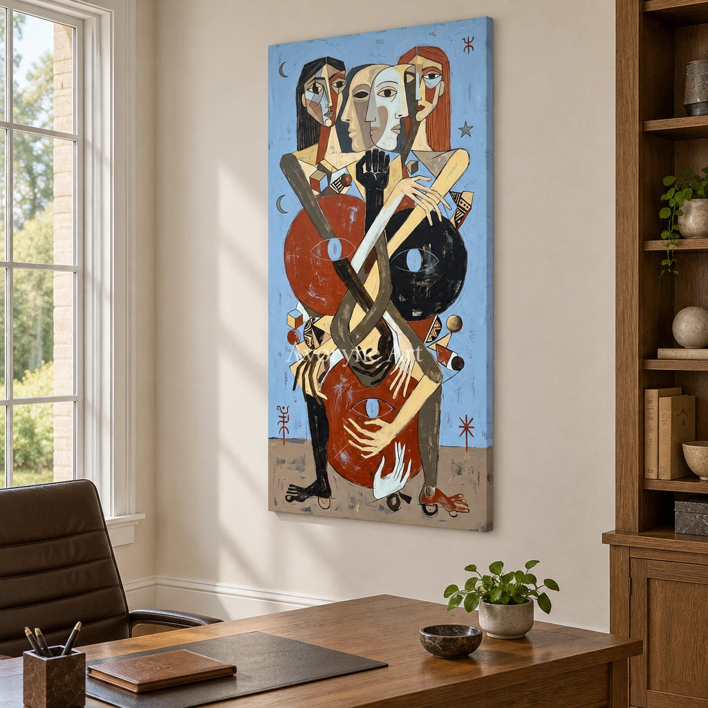 Faint Prelude colorful figure wall art as a frameless stretched canvas in a home office