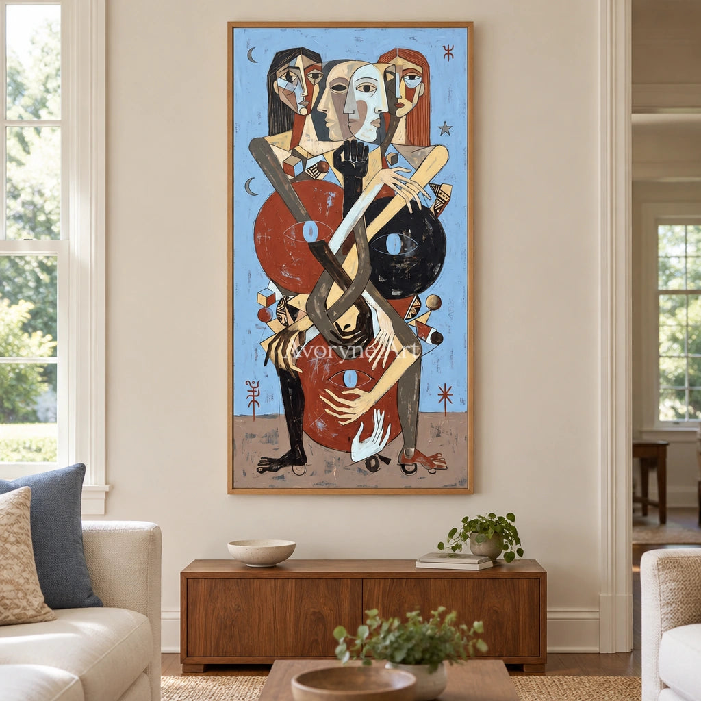 Faint Prelude colorful figure wall art with a wood frame in a villa living space