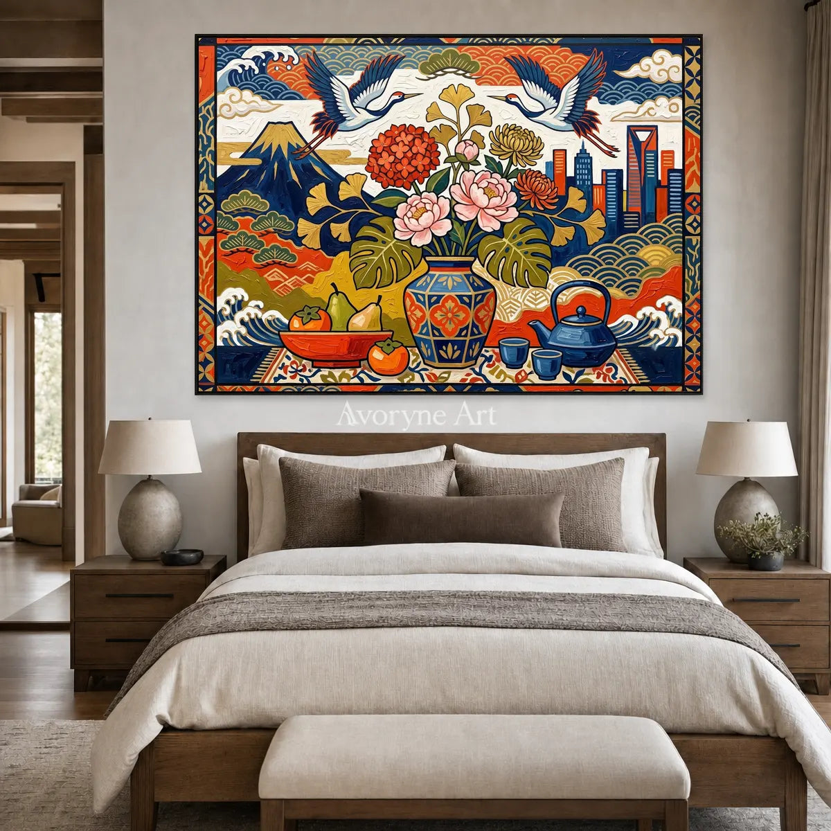Festival Cabinet: Colorful Flower Vase and Crane Wall Art — bedroom black