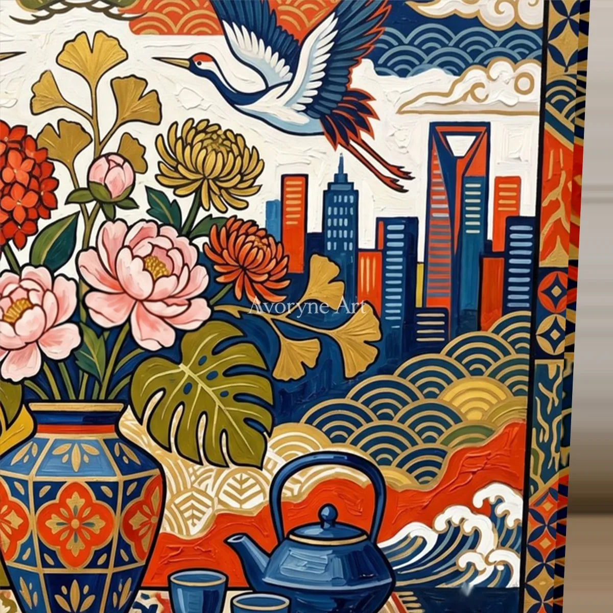 Festival Cabinet: Colorful Flower Vase and Crane Wall Art — detail easel