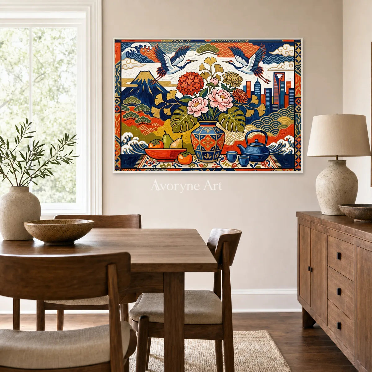 Festival Cabinet: Colorful Flower Vase and Crane Wall Art — dining white