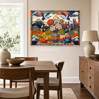 Festival Cabinet: Colorful Flower Vase and Crane Wall Art — dining white