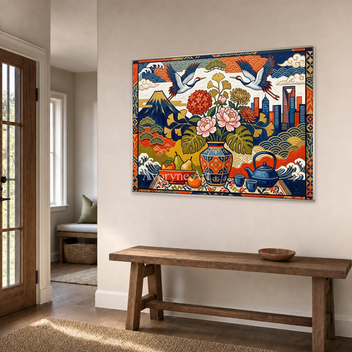 Festival Cabinet: Colorful Flower Vase and Crane Wall Art — entry silver