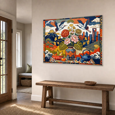Festival Cabinet: Colorful Flower Vase and Crane Wall Art — entry silver