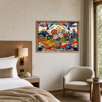 Festival Cabinet: Colorful Flower Vase and Crane Wall Art — hotel wood