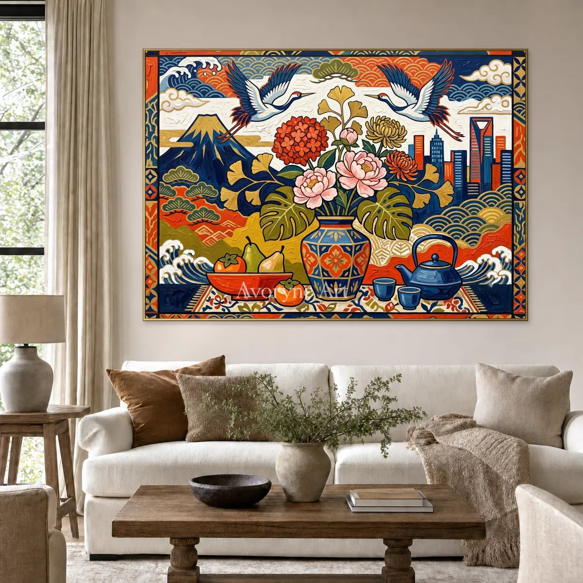 Festival Cabinet: Colorful Flower Vase and Crane Wall Art — living gold