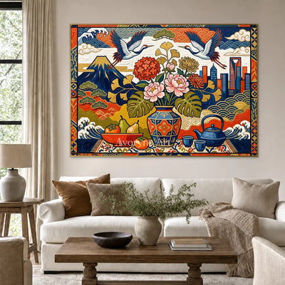 Festival Cabinet: Colorful Flower Vase and Crane Wall Art — living gold