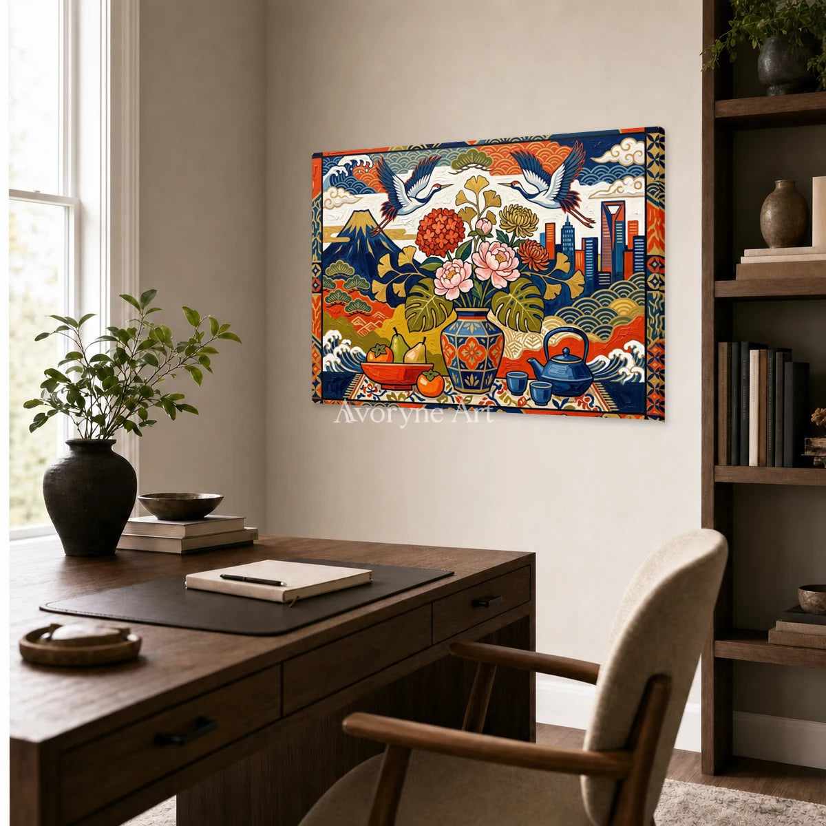 Festival Cabinet: Colorful Flower Vase and Crane Wall Art — office frameless