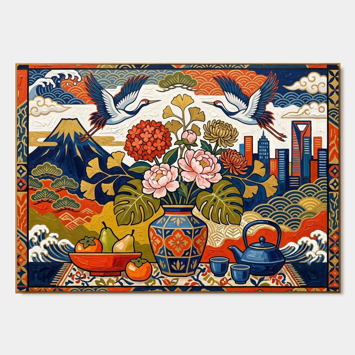 Festival Cabinet: Colorful Flower Vase and Crane Wall Art — primary