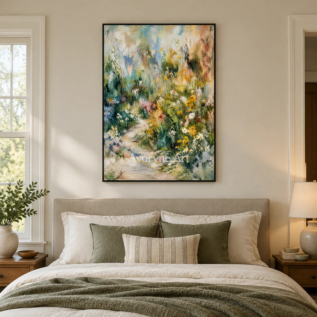 Meadow Passage: Colorful Green Garden Path Wall Art — bedroom black