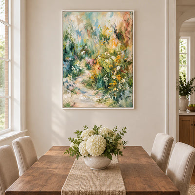 Meadow Passage: Colorful Green Garden Path Wall Art — dining white