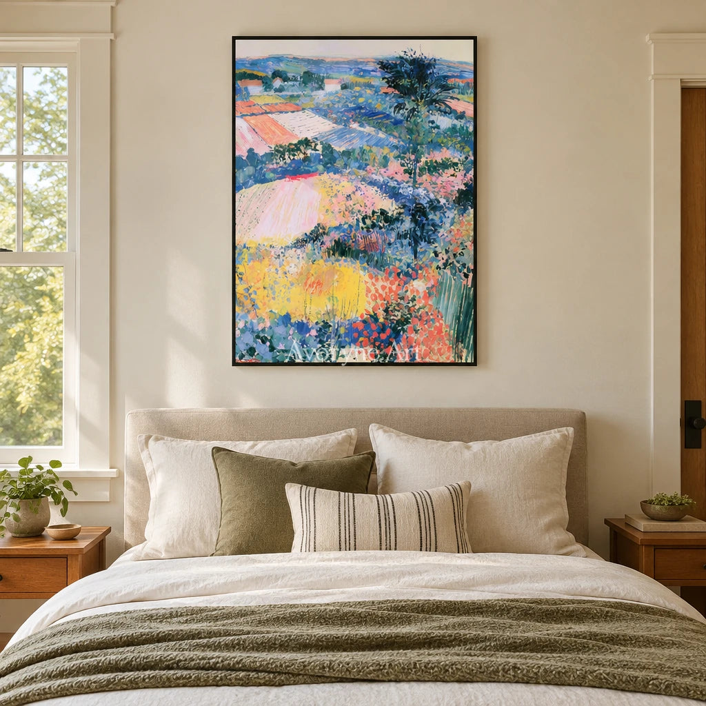 Ivory Winding Cadence: Colorful Hillside Art — bedroom black