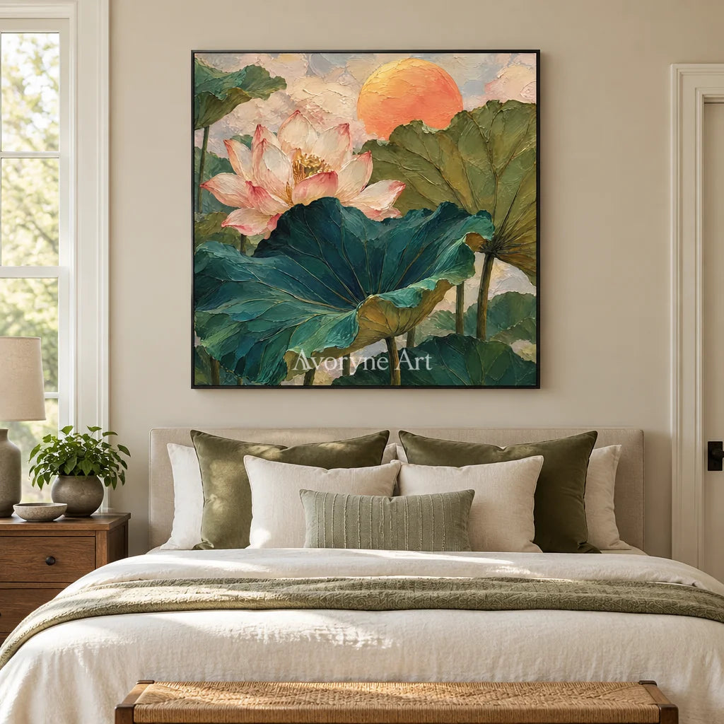 Lotus Daybreak: Colorful Lotus Pond Wall Art — bedroom black