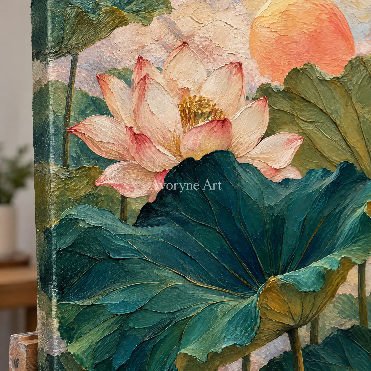 Lotus Daybreak: Colorful Lotus Pond Wall Art — detail easel
