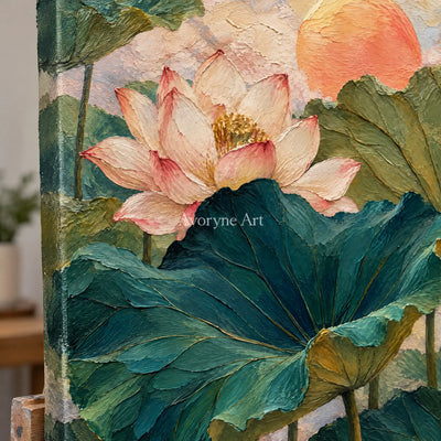 Lotus Daybreak: Colorful Lotus Pond Wall Art — detail easel
