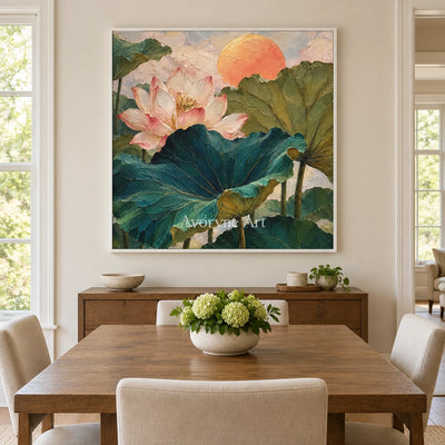 Lotus Daybreak: Colorful Lotus Pond Wall Art — dining white