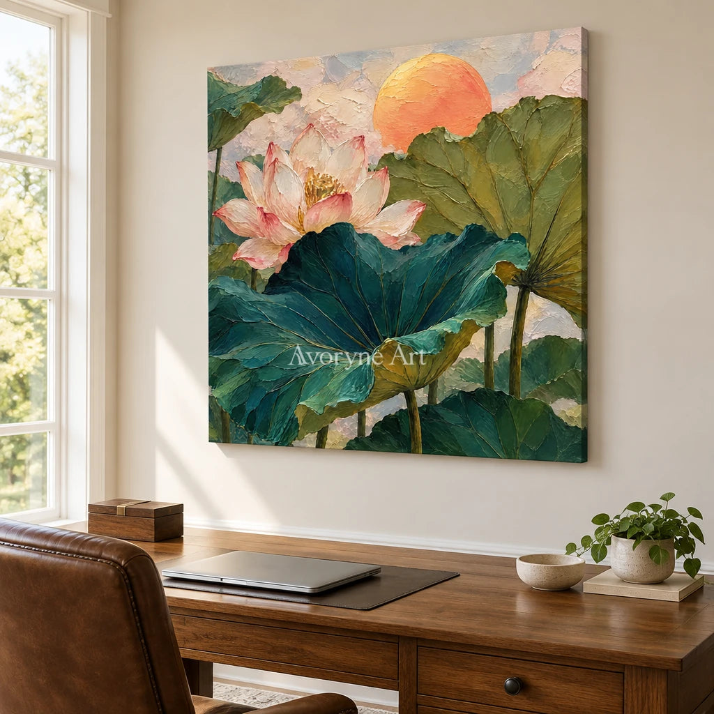 Lotus Daybreak: Colorful Lotus Pond Wall Art — office frameless