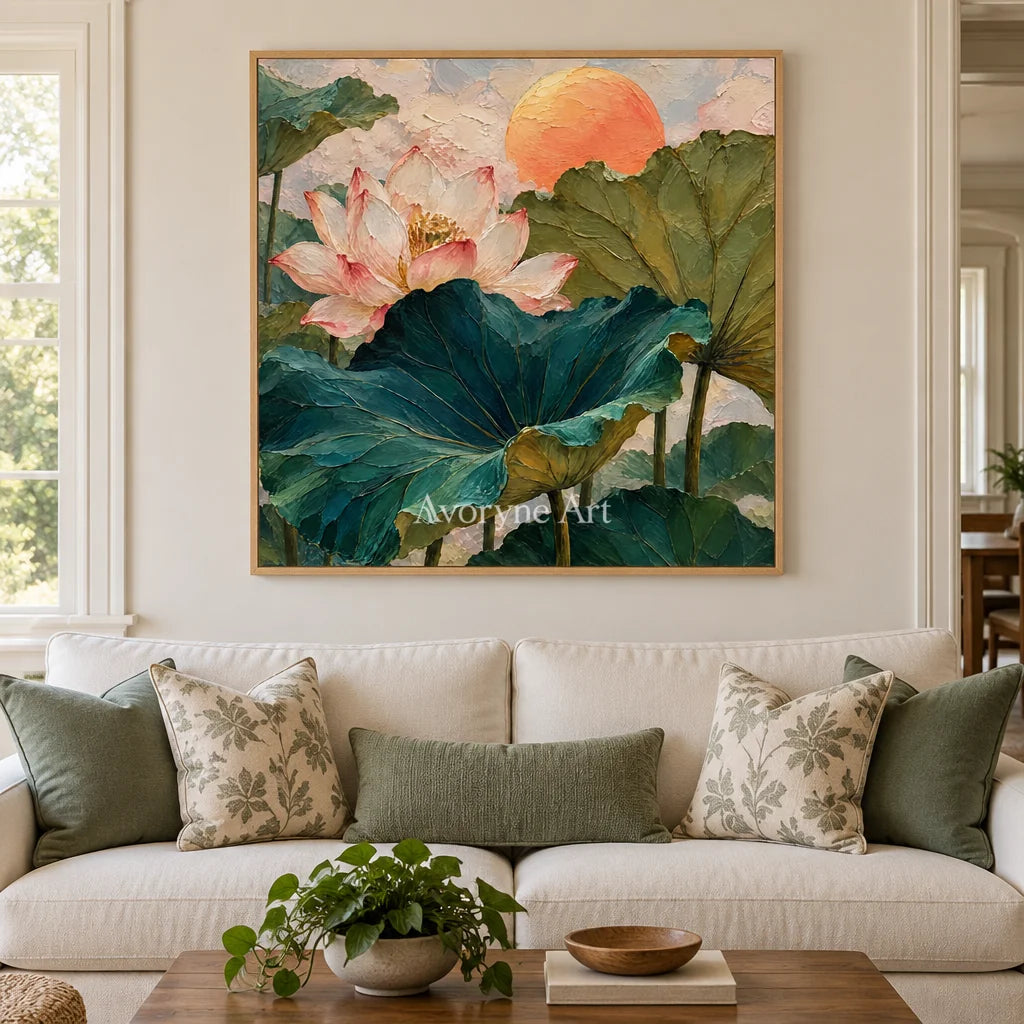 Lotus Daybreak: Colorful Lotus Pond Wall Art — villa wood