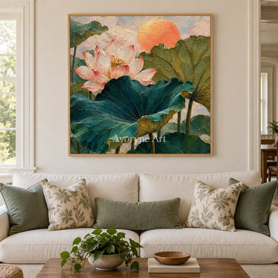 Lotus Daybreak: Colorful Lotus Pond Wall Art — villa wood