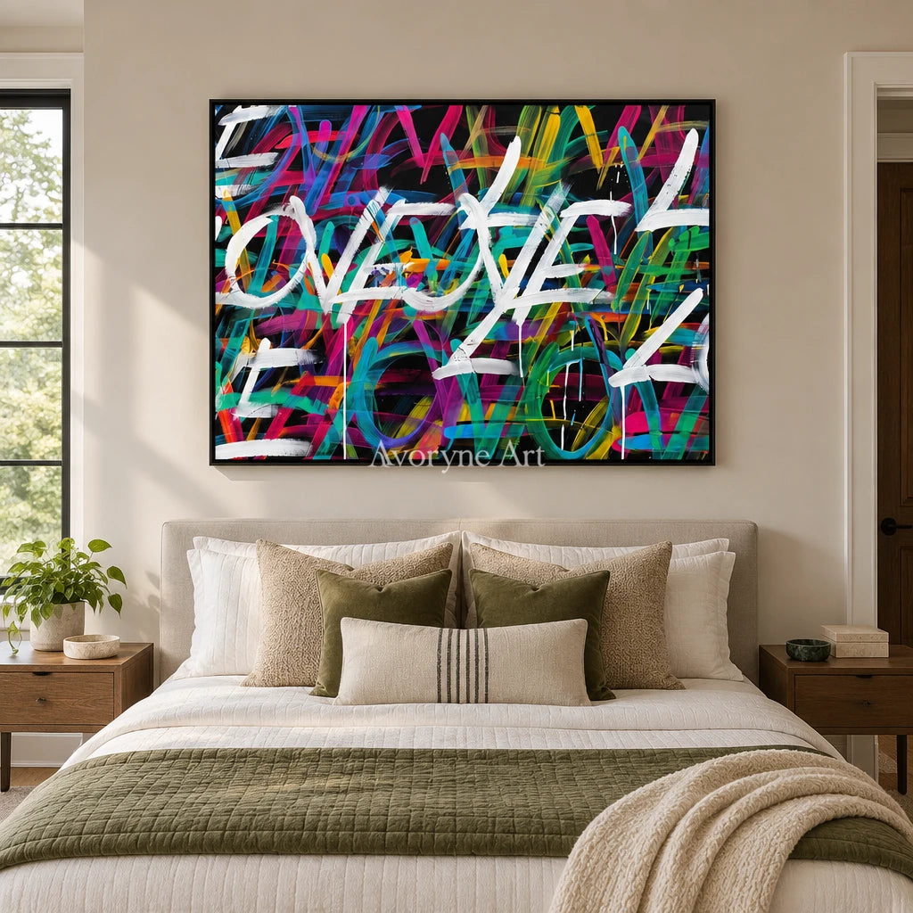Hidden Verse colorful love wall art with a black frame above a bed in a bedroom