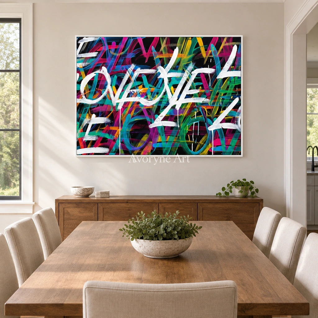 Hidden Verse colorful love wall art with a white frame in a dining room
