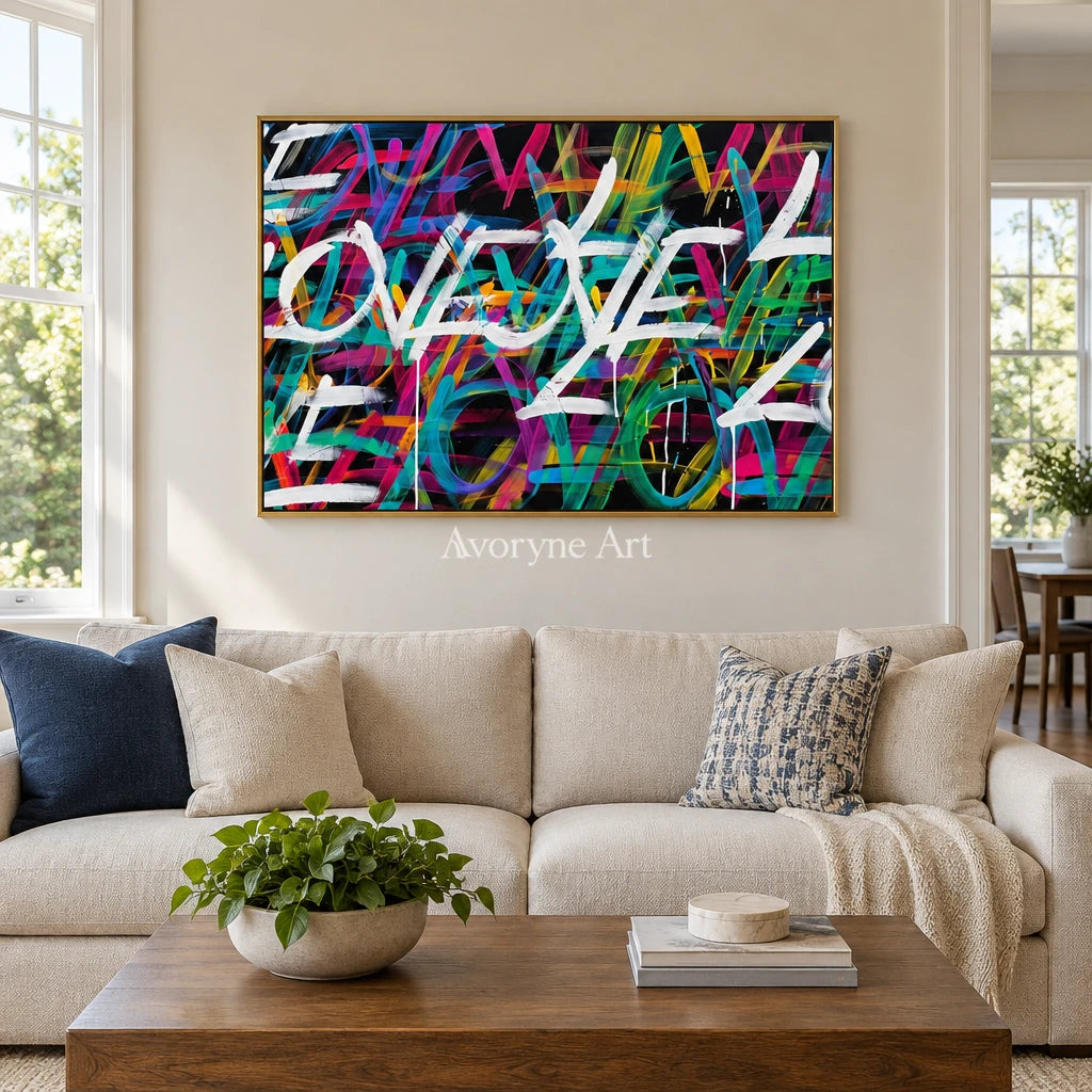 Hidden Verse colorful love wall art with a gold frame hanging in a living room