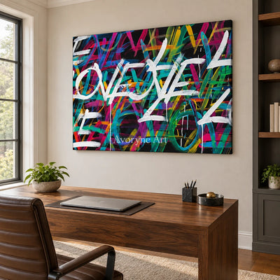 Hidden Verse colorful love wall art as a frameless stretched canvas in a home office