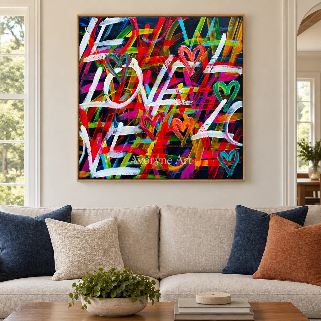 Hidden Memory colorful love wall art with a wood frame in a villa living space