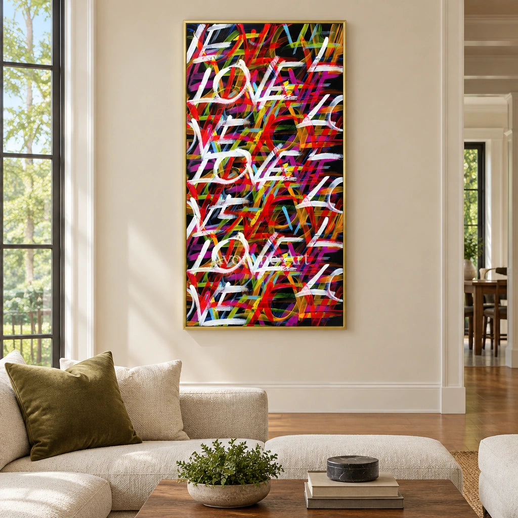 Hidden Story colorful love wall art with a gold frame hanging in a living room