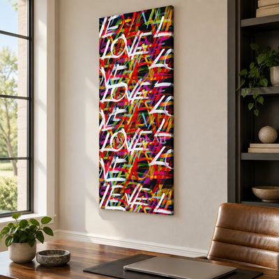 Hidden Story colorful love wall art as a frameless stretched canvas in a home office