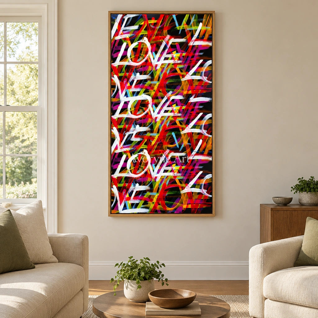 Hidden Story colorful love wall art with a wood frame in a villa living space