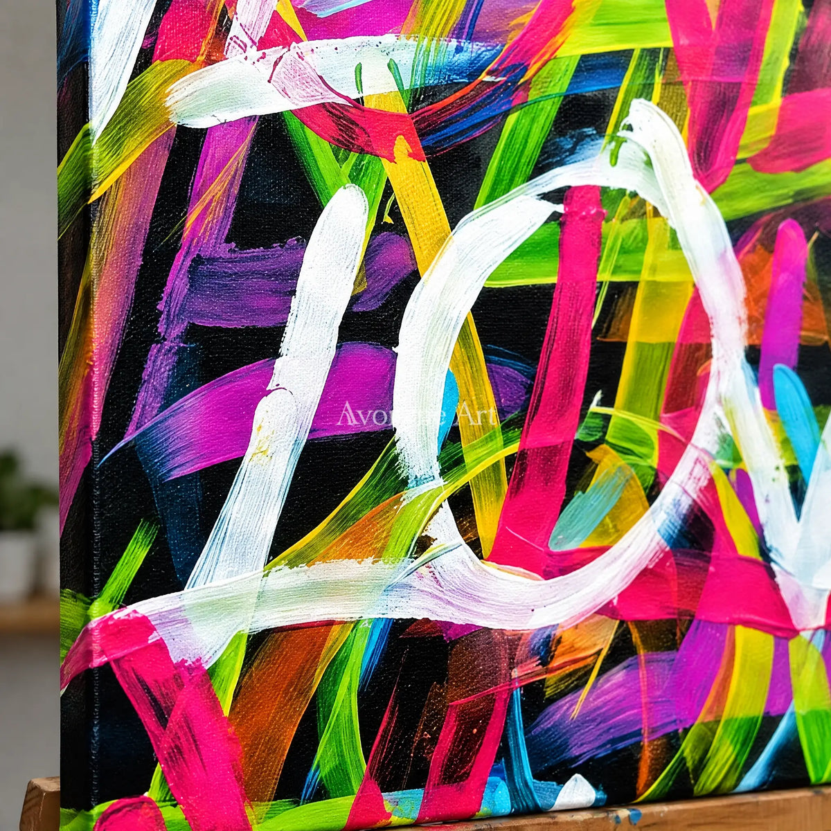 Close-up of the hand-painted texture of Hidden Prelude colorful love diptych on an easel