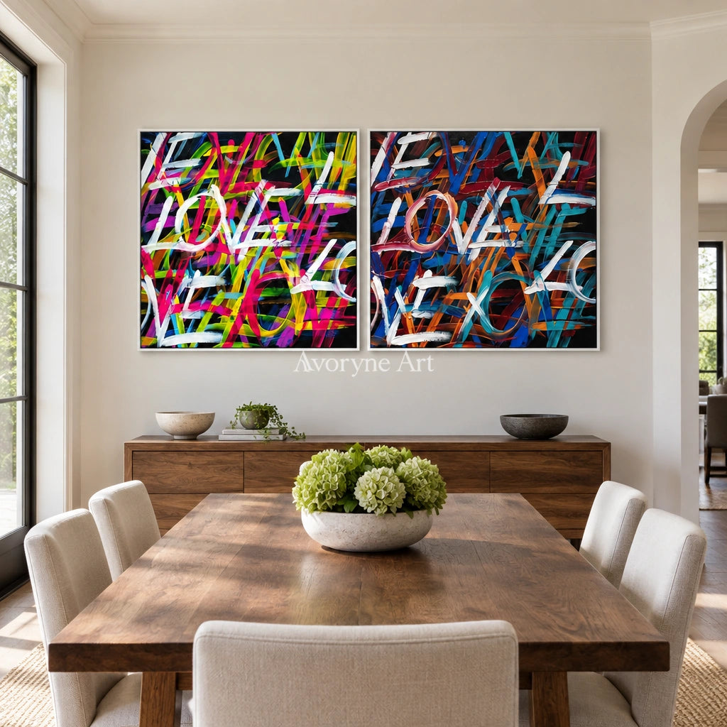 Hidden Prelude colorful love diptych with a white frame in a dining room