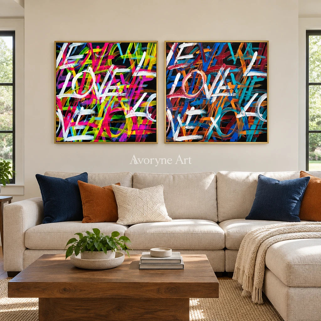 Hidden Prelude colorful love diptych with a gold frame hanging in a living room