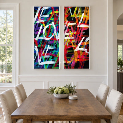 Hidden Trace colorful love diptych with a white frame in a dining room
