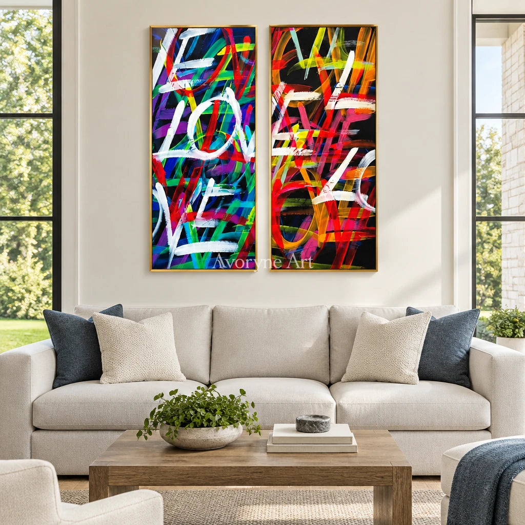 Hidden Trace colorful love diptych with a gold frame hanging in a living room
