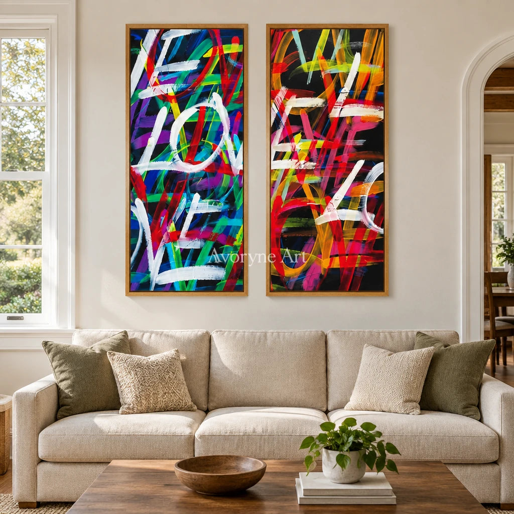 Hidden Trace colorful love diptych with a wood frame in a villa living space