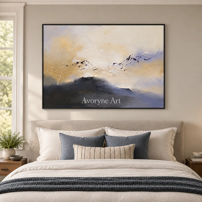 Pale Verse colorful mountain wall art with a black frame above a bed in a bedroom