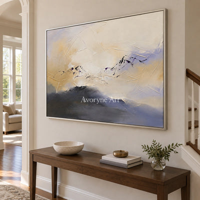 Pale Verse colorful mountain wall art with a silver frame in an entryway