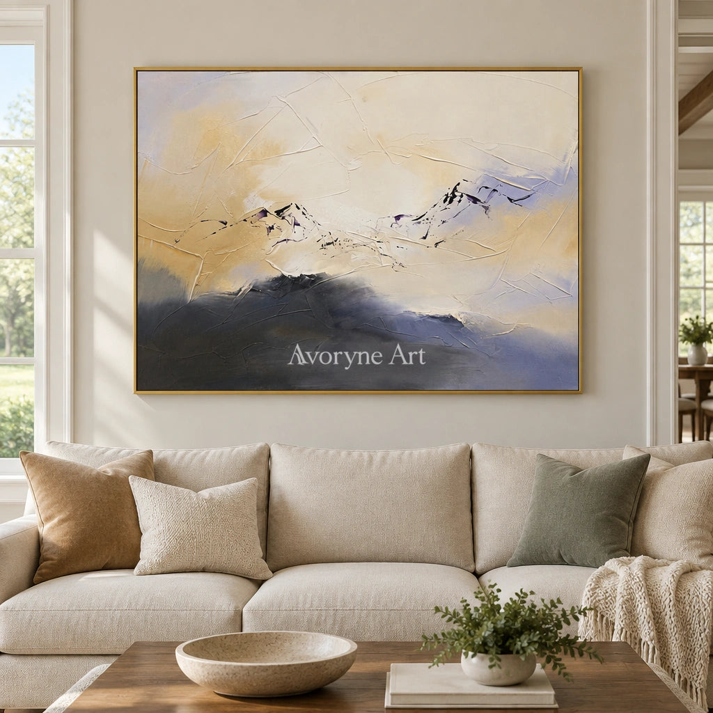 Pale Verse colorful mountain wall art with a gold frame hanging in a living room