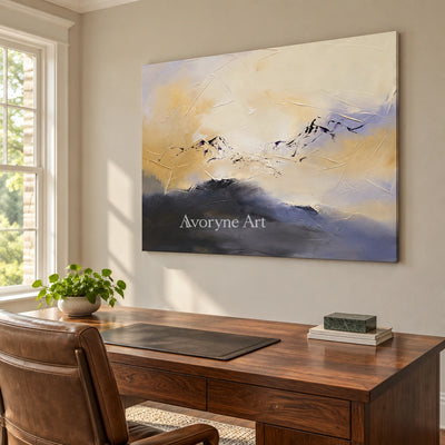 Pale Verse colorful mountain wall art as a frameless stretched canvas in a home office